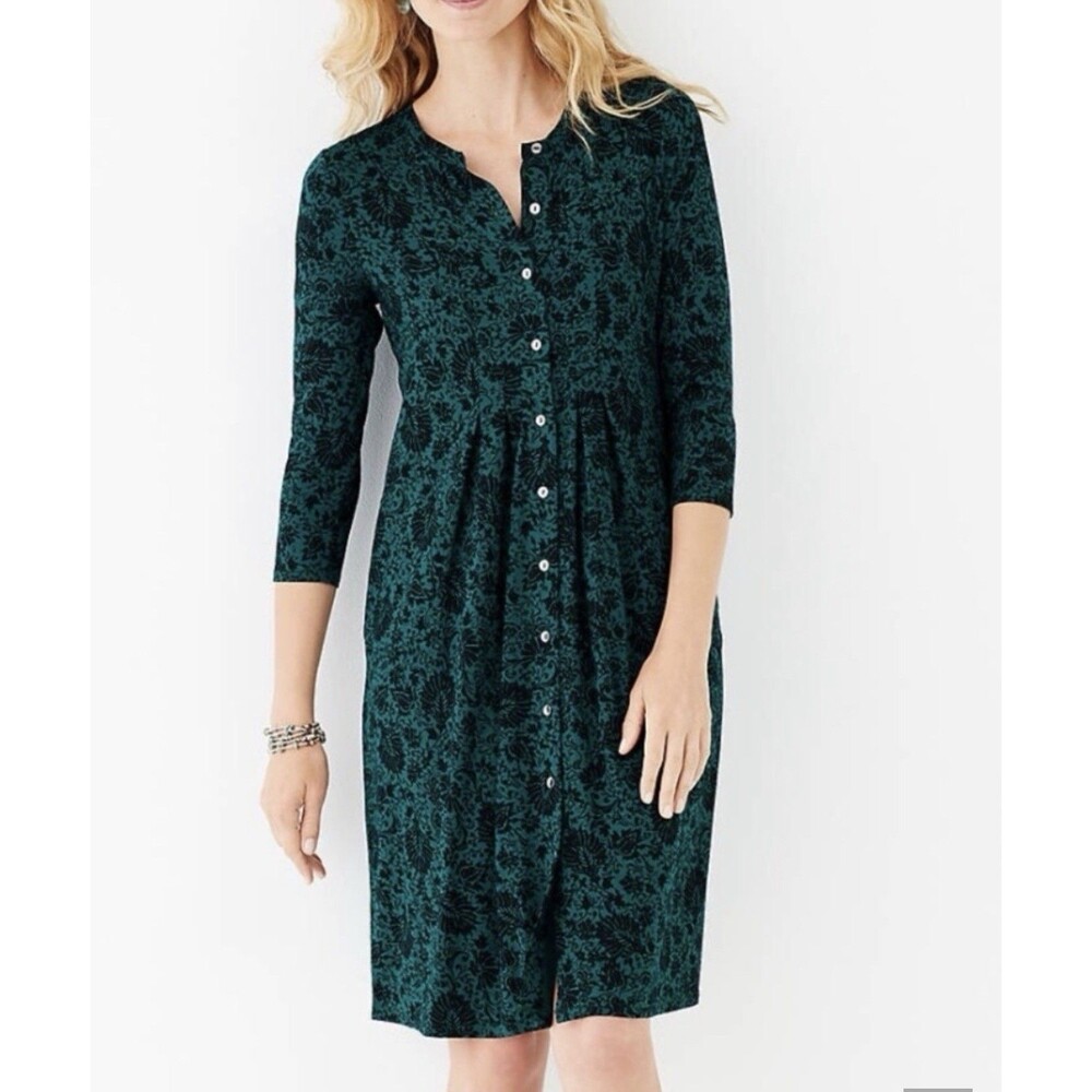 J. Jill Teal Black Floral Damask Button Front Midi Dress Size XL Rayon Spandex